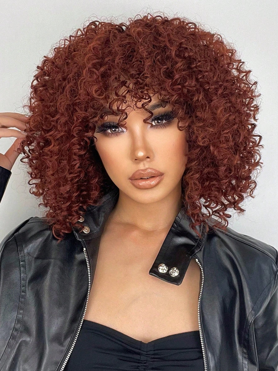 Brown Red Curly Wig with Bangs