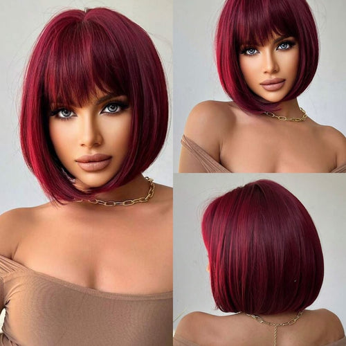 Dark Burgundy Red Full Wig with Bangs