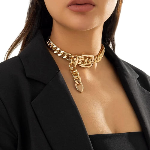 Gold Belt Buckle Choker, Chain Link, Exaggerated, Statement Necklace, Trendy