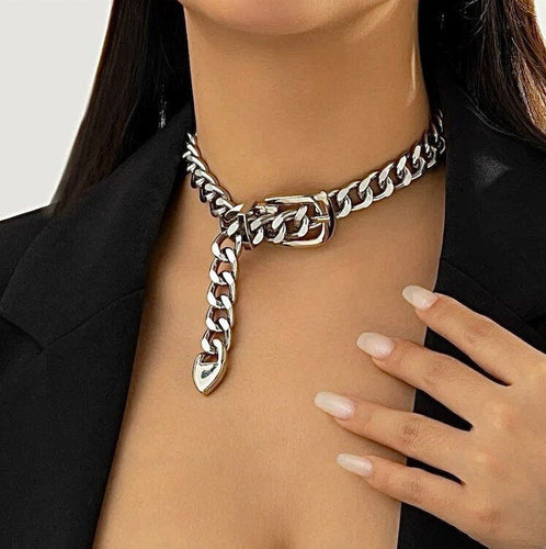 Silver Belt Buckle Choker, Chain Link, Exaggerated, Statement Necklace, Trendy