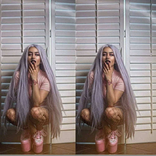 Gray Purple//Light Purple//Curly//Wavy// Lace Front Wig//Wig//Human Hair//Human Hair Blend//Synthetic - Goddess Beauty Royal Wigs