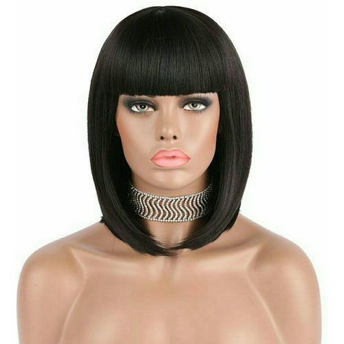 Yaki Wig//Bangs//Silky//Full Heat Resistant// Synthetic Wig for Women//Black//Bob Wigs with Bangs//Cute - Goddess Beauty Royal Wigs