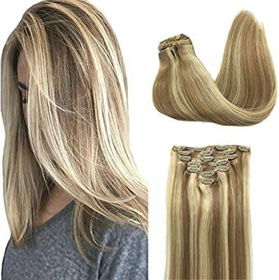 Clip in Human Hair Extensions 70g 7pcs Silky Straight Highlight Blonde Remy Human Hair Extension 15 Inch 27/613 Strawberry Blonde to Bleach - Goddess Beauty Royal Wigs