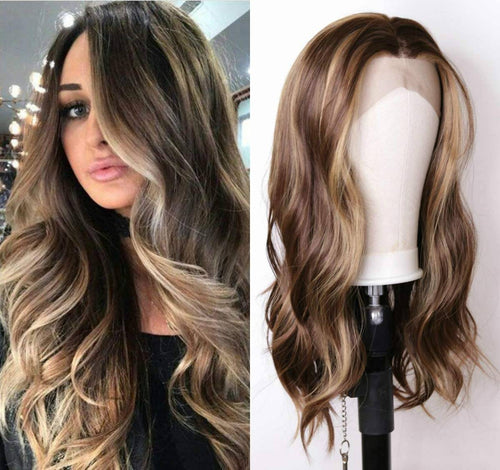 Long Wavy Brown/Blonde Highlights Color 30#/27# Natural hairline 130-150% Density Balayage Hair Blonde Wig(18-22 inch) - Goddess Beauty Royal Wigs