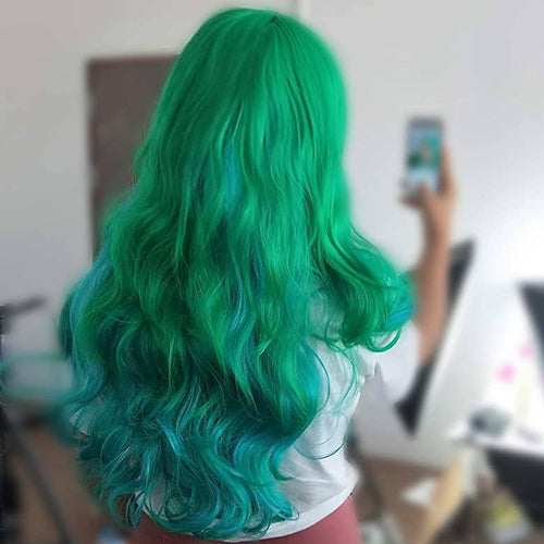 Dark Green Turquoise Mix Wavy Beauty Full Wig - Goddess Beauty Royal Wigs